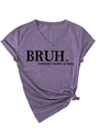 Detail of V-neck purple heather T-shirt featuring front twist knot and letter print - Purple (Black Font)