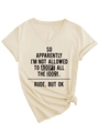 Detail of V-neck apricot t-shirt with funny dog slogan and side knot hem design - S / Sand (Black Font)