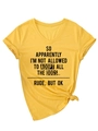 Detail of yellow V-neck T-shirt showing slogan print and stylish front knot design - S / Yellow (Black Font)