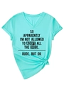 Detail of V-neck mint green slogan t-shirt with side knot and soft cotton texture - S / Deep Water Blue (Black Font)