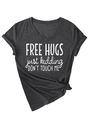 Detail of charcoal grey V-neck T-shirt with 'Free Hugs' print and side knot detail - Dark Heather Grey (White Font)