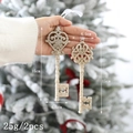 Set of two champagne gold Christmas key ornaments with sparkling glitter finish, 15cm height - Key Fob