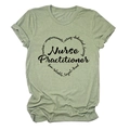 Detailed flat lay of a light green Nurse Practitioner t-shirt with heart-shaped text design - S / Olive Green (Black Font)