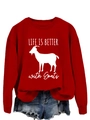 Flat lay of red sweatshirt with Life is Better with Goats print and denim shorts - S / Red (White Font)
