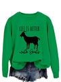 Detail of green crewneck sweatshirt with black goat silhouette and LIFE IS BETTER text - S / Grass Green (Black Font)