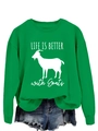 Detail of green LIFE IS BETTER with Goats sweatshirt paired with denim shorts - S / Grass Green (White Font)