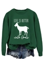 Detail of goat print and LIFE IS BETTER text on dark green crewneck sweatshirt - Dark Green (White Font)