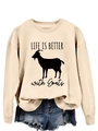 Flat lay of a beige sweatshirt featuring a goat graphic and Life is Better print with shorts - Sand (Black Font)