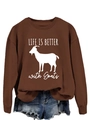 Detail of crewneck sweatshirt featuring LIFE IS BETTER with Goats print and ribbed cuffs - Coffee (White Font)