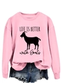 Pink crewneck sweatshirt detail with Life Is Better with Goats print and denim shorts - Pink (Black Text)