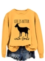 Detail of ginger yellow sweatshirt with goat graphic and Life is Better with Goats text - Yellow (Black Font)