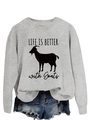 Detail of grey crewneck sweatshirt featuring Life is Better with Goats slogan print - Grey (Black Font)