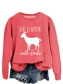 Detail of coral red crewneck sweatshirt with 'LIFE IS BETTER with Goats' white slogan print - Red (White Font)