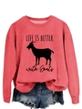 Detail of LIFE IS BETTER with Goats graphic on brick red crewneck sweatshirt - Red (Black Font)