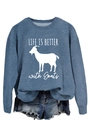 Detailed view of the goat graphic and LIFE IS BETTER print on blue casual sweatshirt - Blue (White Font)