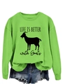 Close-up of LIFE IS BETTER with Goats text and goat graphic on bright green sweatshirt - Neon Green (Black Font)