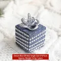 Blue glitter cube Christmas ornament with silver bow and rhinestone belt detail - Denim Blue Mini Gift Box Ornament