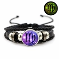 Handmade Virgo zodiac leather bracelet with luminous purple galaxy glass gem and metal beads - Virgo