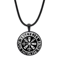 Viking Vegvisir compass necklace with Valkyries rune inscription on black leather cord - Valkyries Symbol (JY006538-8)