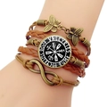Brown braided leather Viking compass bracelet featuring Valkyries charm and butterfly detail - Valkyries Letter Style (JY006532-8)