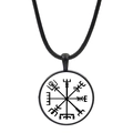 Vintage Viking compass Vegvisir necklace with black leather cord and glass dome pendant - White Base Compass (JY006538-10)