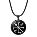 Viking Vegvisir compass pendant necklace with black cord and round glass dome detail - Black Base White Symbol Compass (JY006538-11)
