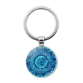 Silver mandala keychain pendant with turquoise geometric pattern and glass dome cover - Blue Cyan Exquisite Mandala (JY006636-8)