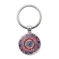 Silver mandala keychain with colorful glass cabochon pendant on white background - Brilliant Orange Purple Blue Mandala (JY006636-10)