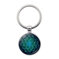 Blue mandala glass cabochon keychain with silver alloy frame and dot art pattern - Cyan Green Pointillism Mandala (JY006636-11)