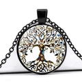 Collier Arbre de Vie avec pendentif en verre noir et motif artistique coloré abstrait - Arbre de Vie Art Ligne Naturelle (JY006576-6)