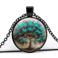 Collier Arbre de Vie noir avec pendentif dôme en verre d'art bleu et chaîne en maille Jante - Arbre Artistique Tacheté Turquoise (JY006576-7)