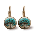 Antieke bronzen oorringen met blauwe Levensboom ontwerp in een glazen cabochon - Mystieke blauwe levensboom (JY006579-7)