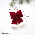 Red velvet Christmas bow with white plush trim and elastic hanging loop, 15cm size - Classic Red White Small