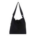 Minimalist black drawstring square bag with dual front pockets and adjustable shoulder strap - No Pendant / Black