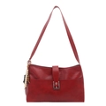Deep red vintage tote bag with glossy leather finish and colorful bead keychain charm - With Pendant / Red