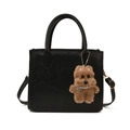 Sac à main rétro noir pour femme avec gaufrage fashion et breloque chien en peluche brune - Noir Avec Pendentif