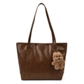 Bolso tote grande de cuero marrón oscuro con grabado fashion y colgante de perro de felpa - Con Colgante / Marrón