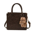 Petit sac carré marron foncé rétro texturé avec pendentif chien en peluche - Café Avec Pendentif