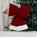 Rode fluwelen kerststrik van 27x32cm met witte pluche rand voor decoratie van de kerstboom - 27x32cm / Gevlokte Strik (Groot)