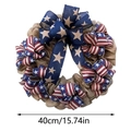 Detail view of 15.74in patriotic burlap wreath with American flag ribbon and large bow - Red Blue Ribbon Independence Day Wreath B