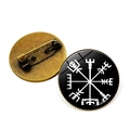 Viking Vegvisir compass brooch with bronze finish and glass dome in black and white - Black Background White Rune Viking Compass Style (JY006529-11)