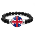 Beaded bracelet with black polished stones and a Union Jack flag glass charm - United Kingdom