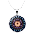 Silver mandala pendant necklace with vibrant bohemian floral glass gem on snake chain - Orange Purple Contrast (JY006645-6)