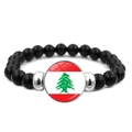 Beaded bracelet with black polished beads and Lebanon flag charm in silver base - Lebanon Flag