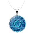 Bohemian silver mandala pendant necklace with turquoise pattern and sleek snake chain - Cyan Blue Bohemian (JY006645-8)