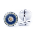 Silver cuff links with blue and yellow mandala glass pattern and T-bar closure design - Blue Yellow Kaleidoscope Style (JY006654-7)