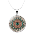 Silver mandala pendant necklace with mint green and purple patterns on a snake chain - Mint Purple Heart Mandala (JY006645-9)