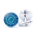 Silver cufflink variant featuring a turquoise and blue mandala art glass dome design - Teal Deep Blue Mandala Pattern (JY006654-8)