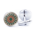 Silver men's shirt cufflinks featuring intricate mandala floral pattern in orange and blue - Orange Lake Blue Exotic Mandala (JY006654-9)