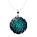 Silver mandala yoga necklace with blue and green geometric dot pattern pendant - Blue Green Dotted (JY006645-11)